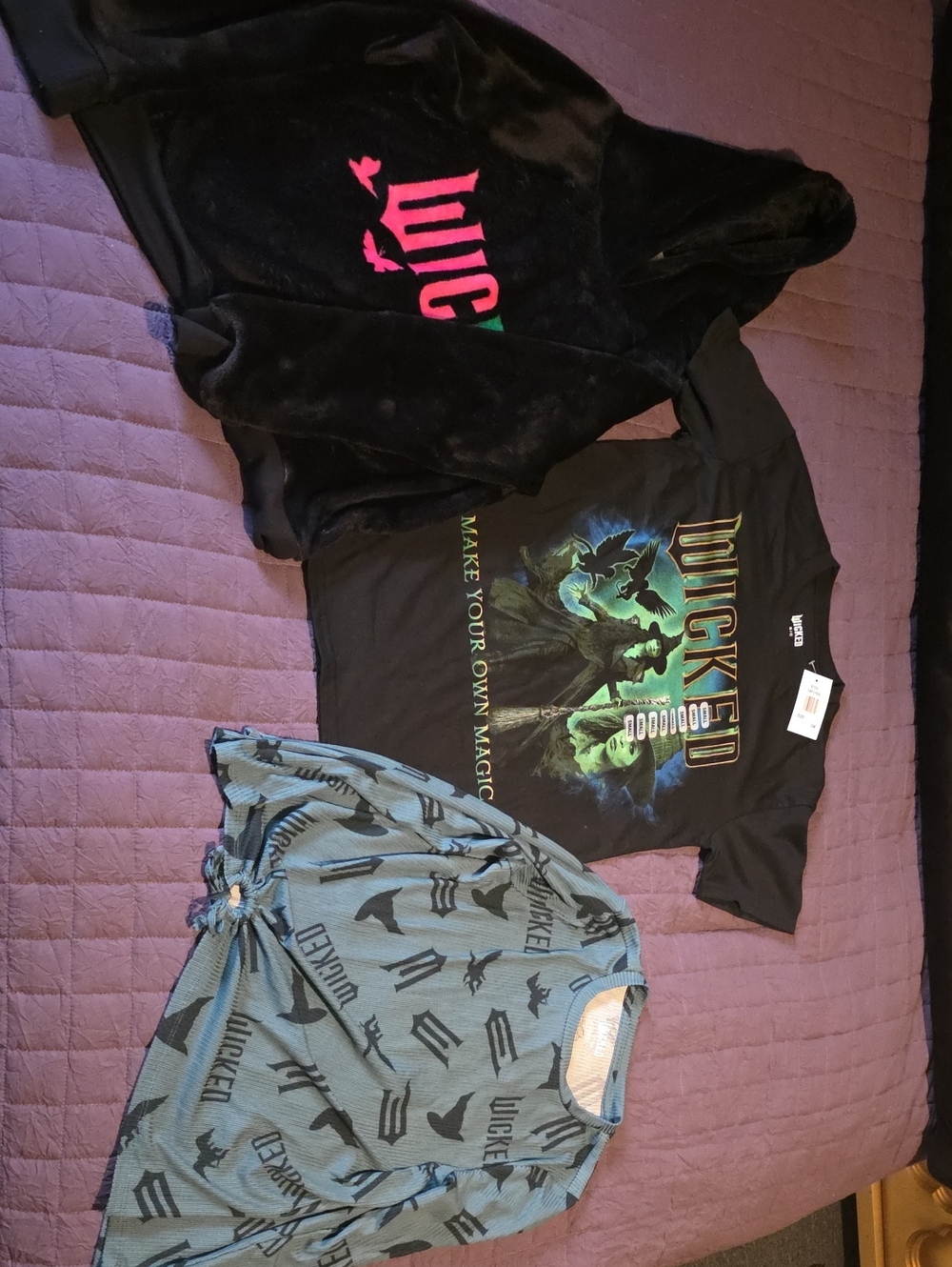 Wicked Graphic Tee + Cozy Black Velour Hoodie & Printed Top - Black, Green, Teal